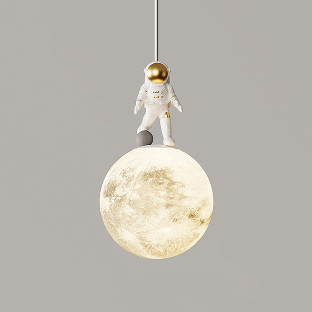 PZAOJAU Moon Pendant Light 3D Printed Planet Astronaut Ceiling Hanging Lamp Modern LED Pendant Light Kids Room Milk White Sphere Nursery Chandelier For Boys Bedroom Girls Bedside Kindergarten
