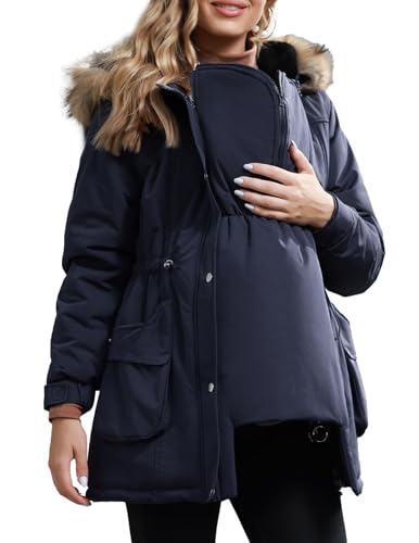 Image of Maacie Maternity Winter Coat,3 In 1 Thickened Jacket,Fleece Lined Warm Hooded Outwear With Pockets