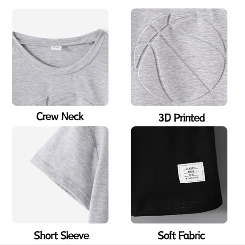 Image of Boys 2 Piece Outfits Short Sleeve Basketball Pattern T-Shirt and Shorts Summer Clothes for Kids 5-12 Years