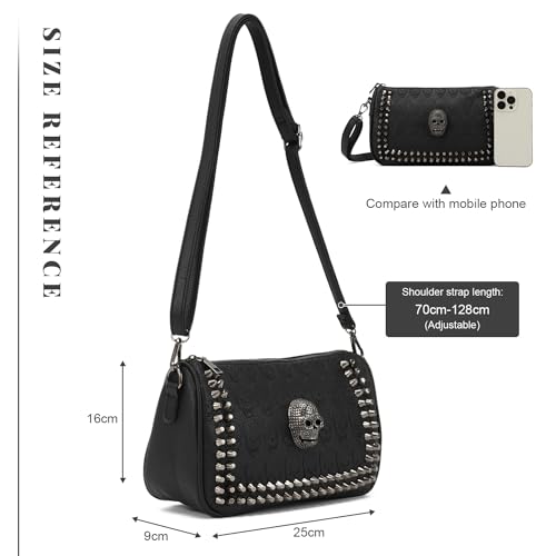 KUANG! Black Dark Punk Style Shoulder Bag Pu Leather Wristlets Clutch Purse Fashion Skull Rivets Handbags2