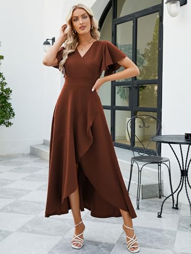 Image of Long Black Formal Dresses for Women Gowns Evening Party Cocktail Dress,Split Elegant V Neck Wrap Ruffle Wedding Guest Dresses