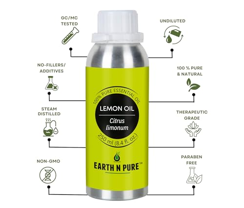 Image of Earth N Pure Lemon Essential Oil 100% Pure & Natural | for Diffuser, Aromatherapy, Skin Care, Hair Care & Cleaning | Citrus Aroma for Fresh Mood & Home Use | Undiluted Therapeutic Grade - 250ml