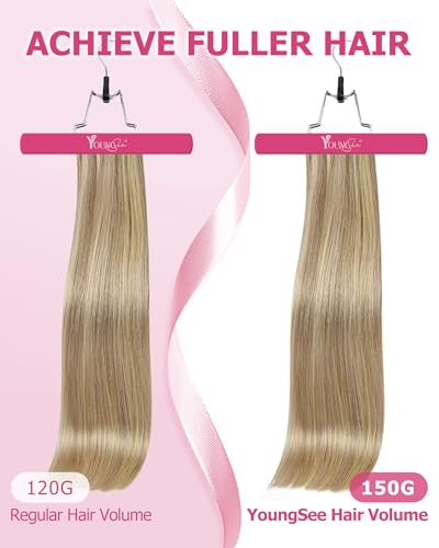 Image of YoungSee Blonde Clip in Hair Extensions Real Human Hair Light Blonde Highlighted Golden Blond Clip on Hair Extensions for Women, Long Straight Hair Clip in Extensions 22 Inch 120G 7Pcs