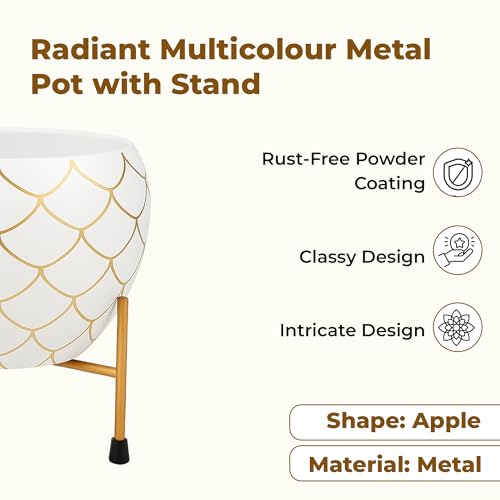 Image of Natural Earth Metal Flower Vase Planter Pot with Iron Stand | Decorative Plant Cachepot for Indoor & Outdoor Use | Succulent Pot for Home & Garden Decor (White Gold Nest)