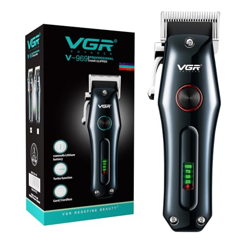 VGR V-969 Professional Salon Series Hair Clipper – 180 Minutes Runtime, Turbo Function, 1200mAh Lithium Battery, LED Display, USB Charging, Cord/Cordless, 4 Guide Combs & Precision Trimming (Red)