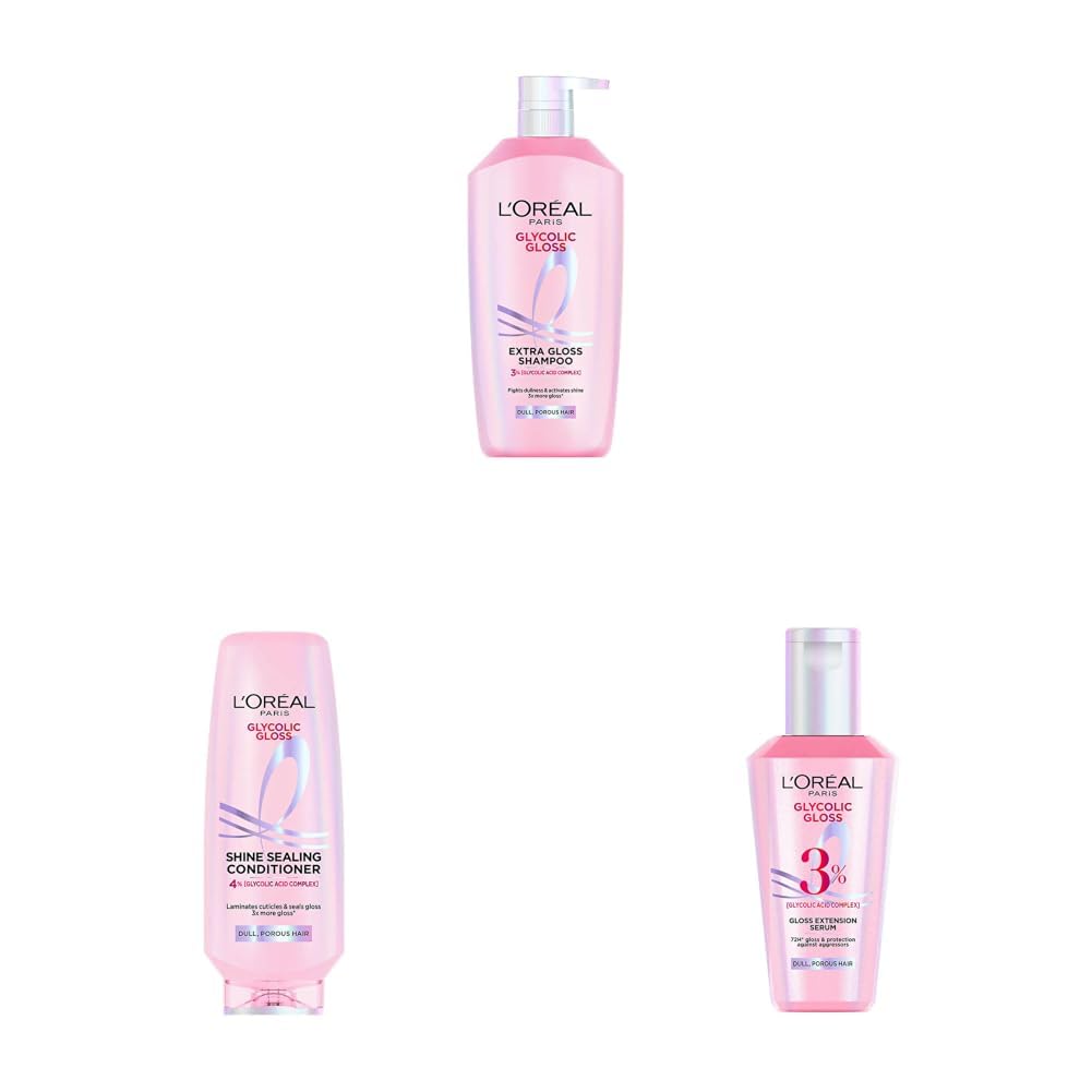 L’Oréal Paris Glycolic Gloss Shine Boosting Shampoo for dull hair, restores hair quality for gives 3x more gloss 800 mL+ 175 mL conditioner + Serum 40 mL, Regime Pack of 3-image-12