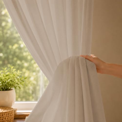 Image of LINENWALAS Aesthetic Sheer Curtains 9 Feet Long Set of 2, Poly Linen Shrink & Fade Proof Drapes for Long Door, Semi Transparent Modern Panels with Rod Pocket Hanging for Living Room (Brown /9 Feet)