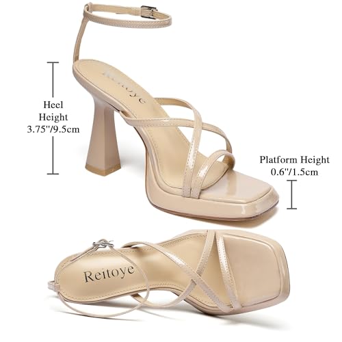 Image of Reitoye Strappy Heels for Women Platform Chunky Square Toe Heeled Sandals | Women's Heeled Sandals,Block High Heel,Adjustable Ankle Strap,All-Day Comfort Non-slip Sole,Party,Wedding,Prom Heels Shoes