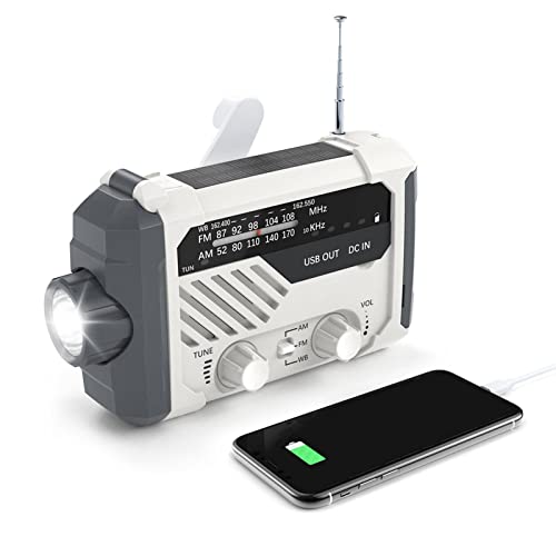 Emergency Weather Radio 2000mAh, Solar Charging Radio, Hand Crank and Battery Power, Portable Radio with Flashlight, Reading Light, Mobile Phone Charger and SOS Alarm, AM/FM Weather Forecast Radio
