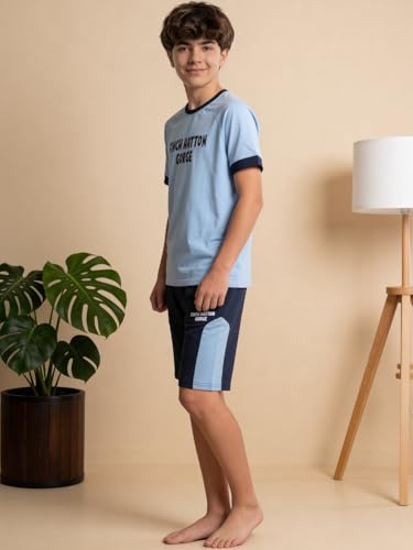 Image of Li'l Tomatoes Boys 100% Cotton Night Suit Set | Half Sleeve T-Shirt & Shorts | Color Block & Typography Print | Soft & Breathable Sleepwear | Casual Summer Wear | 9-16 Years