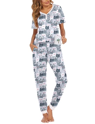 Image of Ekouaer Pajamas for Women Set 2 Piece Fall Lounge Sets Short Sleeve Pjs Joggers Long Pants Sleepwear with Pockets