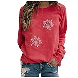 Frauen Freizeit-Langarm-Hundedruck O-Ausschnitt Töpfe Hemd für Blusen Pulli T Shirts (Red, L)