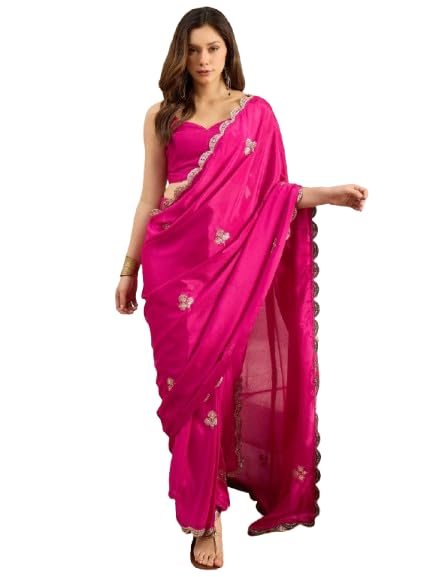Image of AKHILAM Women's Shimmer Pure Georgette Embroidered Ready To Wear one Minute Saree With Unstitched Blouse Piece