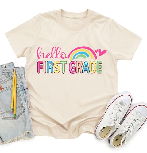 OCURHU First Day of 1st Grade Shirt Girls Boys Hello First Grade Tshirt Kids Back to School Clothes Apricot 6-7T