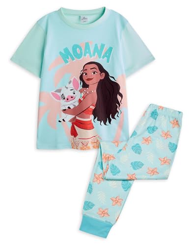 Disney Moana Girls Pyjama Set | Kids Moana & Pua Character Graphic Short Sleeve Top & Long Leg PJ Bottoms in Blue | Childrens Leaf All Over Print Nightwear | Animated Cartoon Movie Merchandise Gift