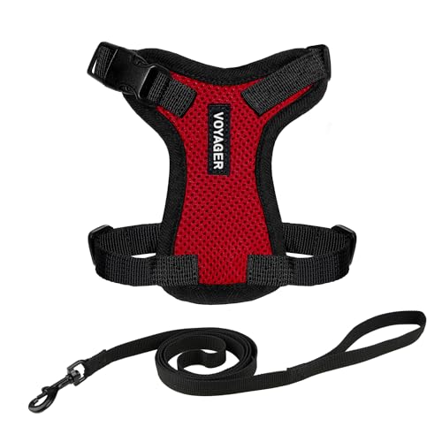 Image of Voyager Escape-Proof Step-in Lock Cat Harness & 5ft Neoprene-Handle Leash Set All-Weather Mesh with Reflective Stitching for Small to Large Cats by Best Pet Supplies, Red /Black Trim, XS