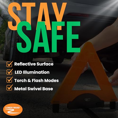 Image of Lumen Wand 3-Pack LED Reflective Warning Triangles Kit for Road Safety, Metal Base, Internal LEDs & External Reflectors; Includes Storage Bag & 9 AAA Batteries Emergency Triangle