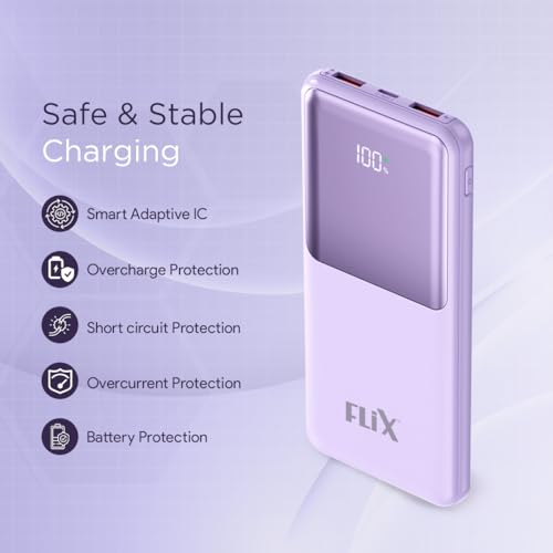 Image of FLiX UltraCharge P115 10000mAh 22.5W QC Power Delivery PPS Power Bank, Tripple Output, Dual Input Type C & B, Percentage LED Indicator, Compatible iPhone, Samsung, Google (XPB-P115)(Purple)