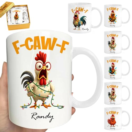 Custom Moments F-Caw-F Tazza divertente con pollo da 325 ml, tazza personalizzata con gallo urlante, tazza da caffè con gallina pazza, regalo umoristico per amici, amanti delle feste e colleghi