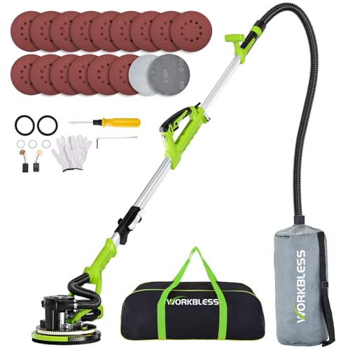 WorkBless Drywall Sander, 1050W 7.2A Popcorn Ceiling Removal Tool, Automatic Drywall Sander with Vacuum Dust Collector, 7 Variable Speed 1000-2100RPM, 15Pcs Sanding Discs