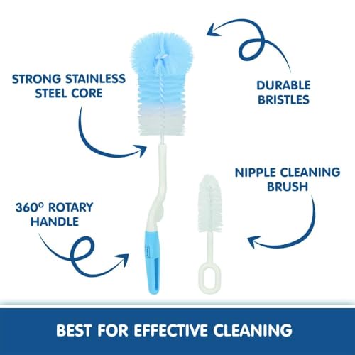 Image of 5-in-1 Baby Bottle Cleaning Brush Set | Silicone Bottle Brush Kit with Nipple Cleaner, Straw Brush, Sponge Brush & Long Tube Cleaner | Feeding Bottle Cleaning Accessories | Yellow Blue