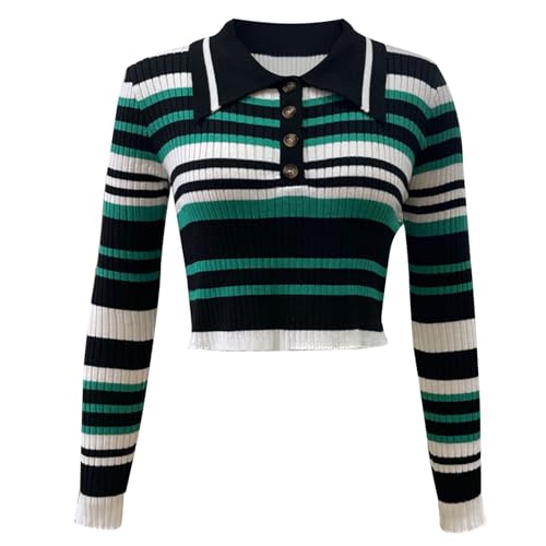 Striped Collared Sweaters for Women Y2k Teen Girls Bodycon Crop Tops Chic Long Sleeve Spring Fall Pullover Sweater3