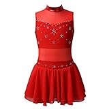 FEESHOW Kinder Mädchen Glitzer Eiskunstlauf Kleid Ärmelloses Tanzkleid Stretch Ballettanzug Trikot Body Rückenfrei für Rollschuh Gymnastik Sport Rot 146-152/11-12 Jahre