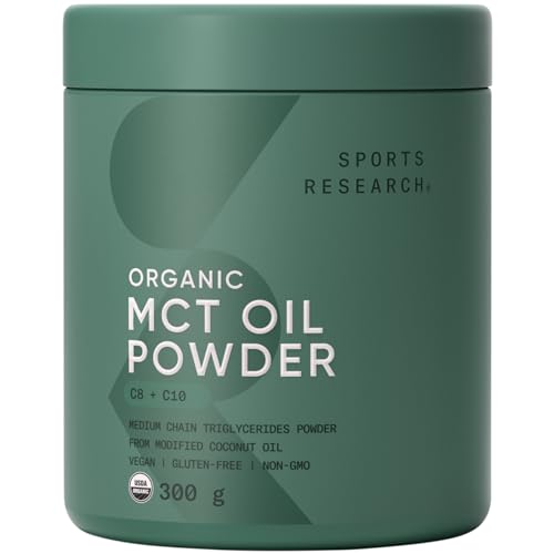 Sports Research Organic MCT Oil Powder - Keto & Vegan MCTs C8, C10 from Coconuts - Fatty Acid Brain & Body Fuel*, Non-GMO & Gluten Free - Unflavored, Perfect in Coffee, Tea & Protein Shakes - 10.6 oz