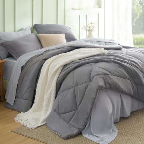 Bedsure Queen Comforter Set with Sheets - 7 Pieces Reversible Grey Bed in a Bag Queen, Eazy Care Queen Bedding Sets for All Seasons with 1 Flat & 1 Fitted Sheet, 2 Pillowcases and 2 Pillow Shams