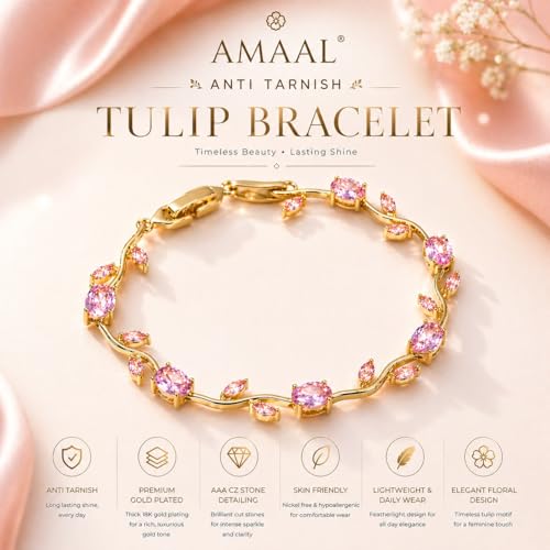 Image of Amaal Bracelets for Women Stylish Gold Plated Tulip American Diamond CZ Stone Bracelet with Leaf Design, Adjustable Link Chain, Anti Tarnish Stainless Steel Jewellery for women Girls Gifts 487