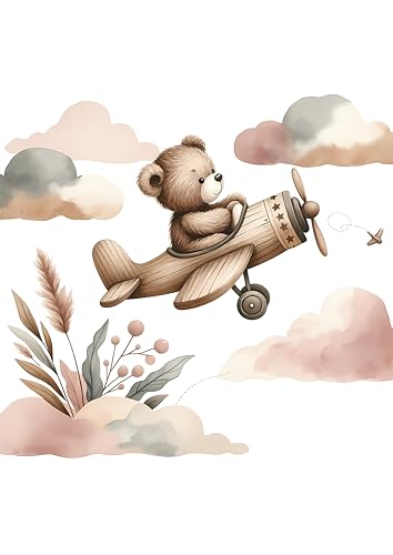 Heimisch Wunder Póster de oso en avión para habitación infantil, decoración para niños y niñas, bonita decoración de pared para habitación infantil