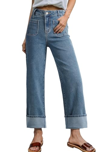 EVALESS Womens Jeans High Waisted Stretchy Cuffed Wide Leg Denim Pants with Pockets Navy Blue Size 8