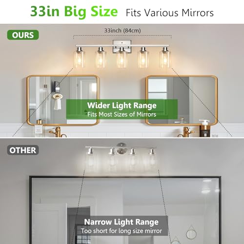 Image of Ascher 5-Light Bathroom Light Fixtures, Modern Brushed Nickel Vanity Lights Over Mirror, Wall Lights with Clear Glass Shades for Hallway, Cabinet, Porch, Bedroom