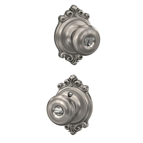 Image of SCHLAGE F51A GEO 619 BRK Georgian Knob with Brookshire Trim Keyed Entry Lock, Satin Nickel