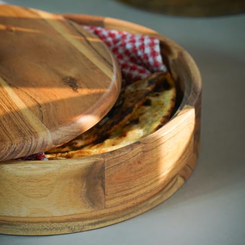 Image of Sanjeev Kapoor By OGGN Acacia Wood 9 x 9 x 3 Inch, Casserole for Roti Hot Case | Wooden Roti Box | Hot Case Casserole | Big Chapati Storage Box for Home & Kitchen - Premium Wood Elegant Design