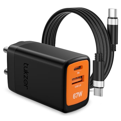 Image of Tukzer 67W Dual Port GaN3 Ultra Fast Charger (Type C PD3.0 & USB QC3.0 / 5V~3A) + USB Type C to C Cable| Compatible with MacBook /Laptops /All iPhone /iPad /Android Phones (Black)