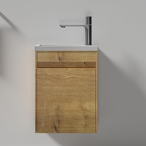Tona 16” Bathroom Vanity With Sink Combo For Small Space, Modern Design Wall Mounted Vanity Set With Single Door & Invisible Handle, Small Bathroom Sink Cabinet Set (Faucet Not Included) (Wood) #TOP4