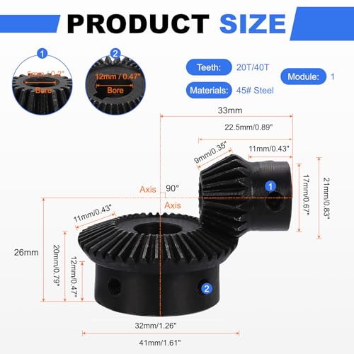 Image of uxcell 2Pcs Tapered Bevel Gears Set, 1 Mod 1:2 (20T /40T) Harden Steel Straight Bevel Gear, 90 Degree Steering Motor Gears, (5mm /12mm Shaft Hole with Keyway)