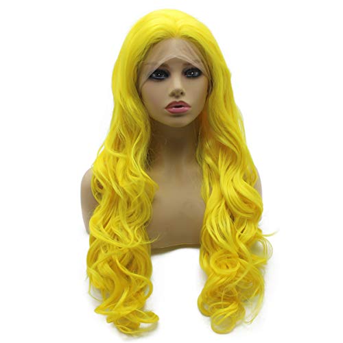 Iewig Synthetic Lace Front Wig Long Wavy Half Hand Tied Heat Resistant Yellow Glueless Wig
