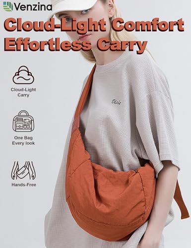 Image of Venzina Womens Crossbody Bag Hobo Bag, Cloud-Like Lightweight Everyday & Travel Shoulder Bag, Large Capacity Nylon Purse with Adjustable Quilted Strap, Casual Work Handbag for Women