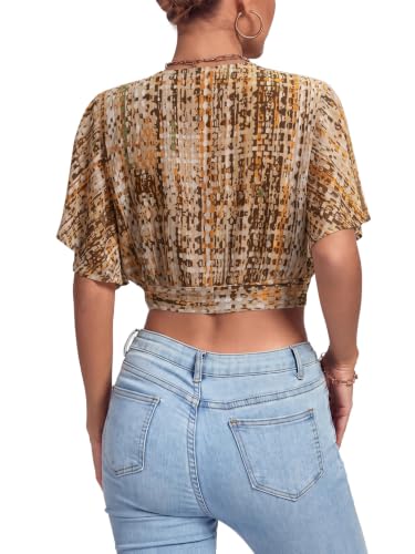 Image of LYANER Women's Tie Front Sexy Crop Tops | Wrap Deep V Neck Ruffle Bell Short Sleeve Y2k Cropped Blouse Shirts