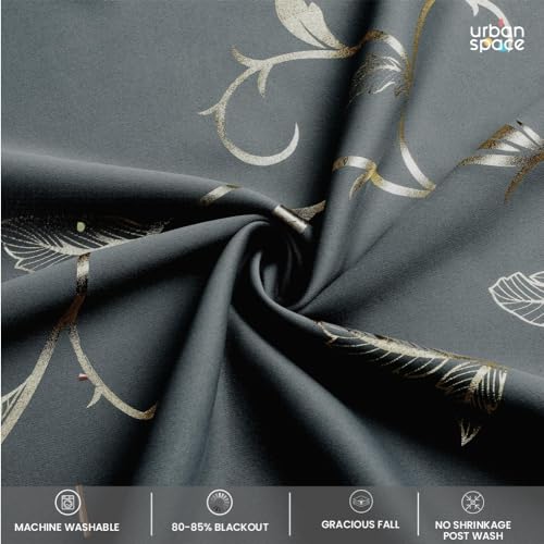 Image of Urban Space 80-85% True Blackout Curtains for Window, Gold Foil Printed Blackout Curtains, Decorative Window Curtain Eyelet with Tieback, 1 Piece Curtain for Living Room(Floral Vine Grey, 5 Feet)