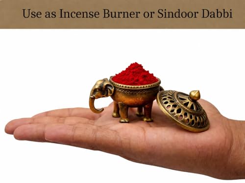 Image of Antique Elephant Brass Kumkum Dani with Lid | Traditional Sindoor Box for Pooja | Decorative Pooja Container for Home Temple & Mandir Decor | Vintage Brass Finish (1)