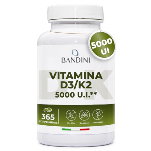 Bandini® Vitamina D3 K2 365 Comprimidos 30 000 UI al mes, Vitamina D 5000 U.I. por tableta, 100 mcg K2, 99,7+% All-Trans K 2-MK7 + 5.000 UI Colecaciferol, Huesos, Dientes, Sistema inmunitario, Vegano