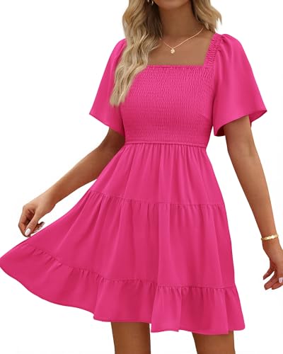 Image of BTFBM Womens Summer Smocked Mini Dress Spring Square Neck Flutter Sleeve Casual Ruffle Swing Boho Beach Dresses Pockets