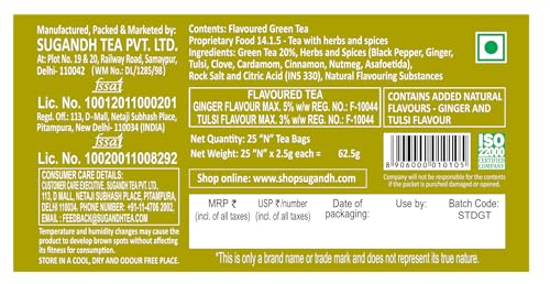Image of Sugandh Kahwa Tulsi Detox Green Tea | With Ginger, Spices, Herbs & Rock Salt | Refreshing & Aromatic Wellness Blend | 100% Natural Ingredients | 25 Bags x 2.5g