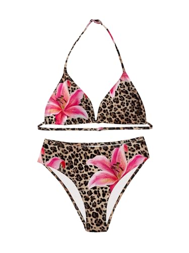 Girl's Leopard Floral Triangle Swimsuits Two Piece Halter Bikini Set Vacation Swimwear