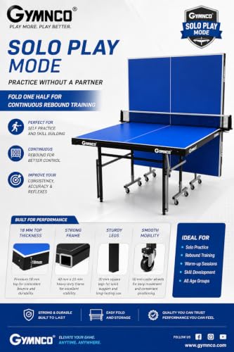 Image of GYMNCO Practice Full Size Table Tennis Table with Wheel & Laminated Top, Table Cover, 2 Tt Racket & Balls, Blue (17 MM)