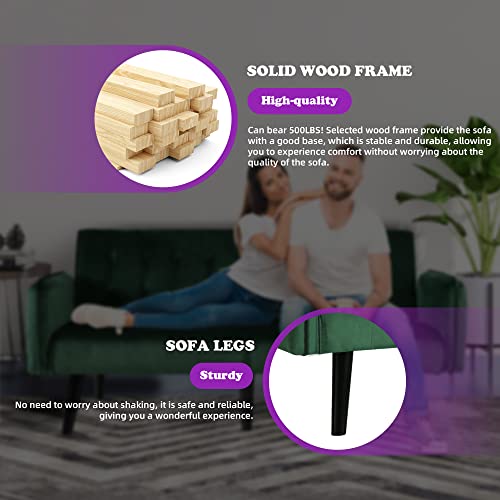 Tyboatle 65" W Velvet Modern Convertible Folding Futon Couch Sofa Bed W/ 2 Usb Charging Ports And Arms, Loveseat For Compact Living Space, Dorm, Game Studio, Bonus Room, Apartment, Bedroom (Green) #TOP3