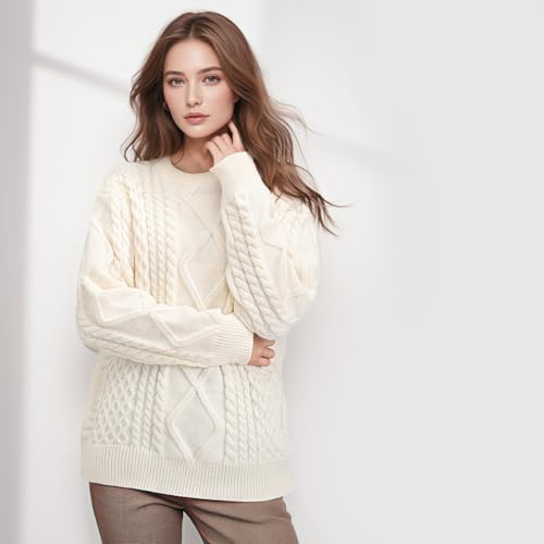 Pleneal Women Sweater Vintage Pullover Cable Knit Sweater Unisex Woven Crewneck Knitted Tops Beige2